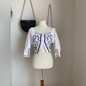 Vintage Passport Blue Embroidered Grunge Button Crop Top Blouse, Size Large